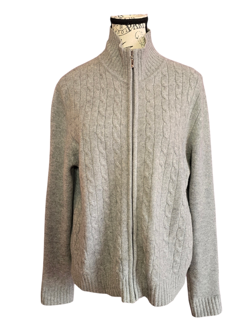 Valerie Stevens Gray 100% Cashmere Knit Full Zip Cardigan Sweater L